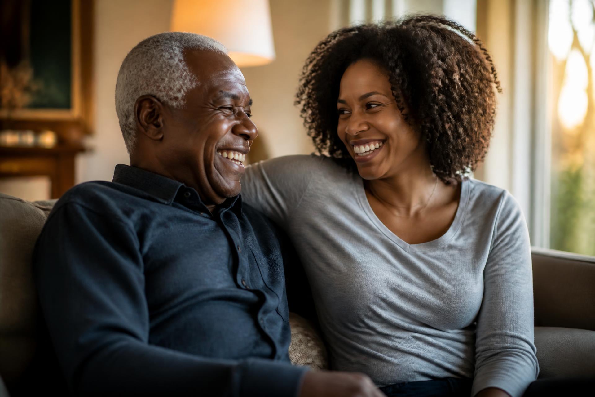 Elderly man and adult daughter laughing together